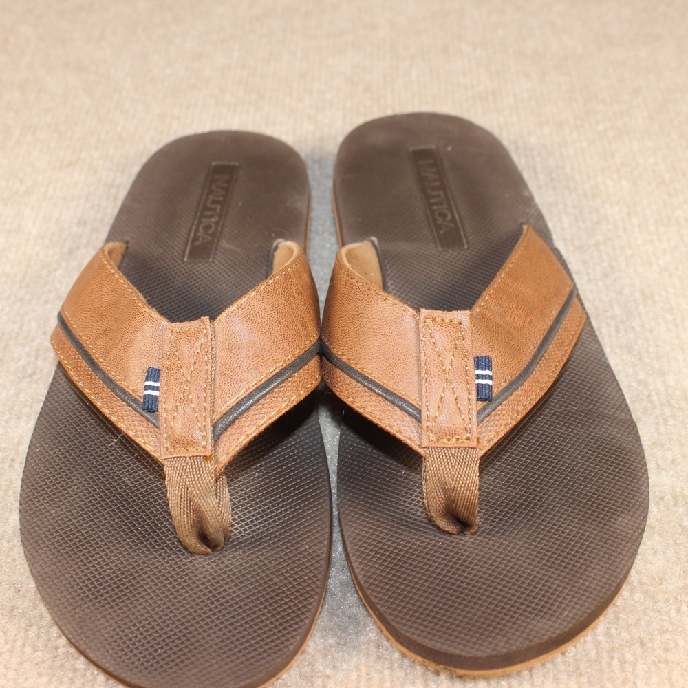 Nautica Mens Flip Flop Sandals Brown Faux Leather Thong Slide Casual Beach Shoes